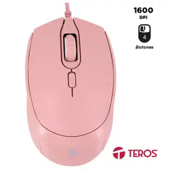 Teros - Mouse Óptico TE-1226S, 800-1200-1600 DPI, USB, 4 Botones, Color Rosado