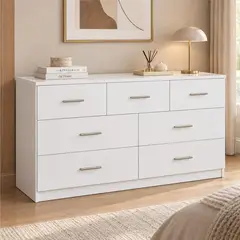Pelikano - Cómoda Blanca de Melamina con 7 Cajones 140 cm | Innovaciones Lumik