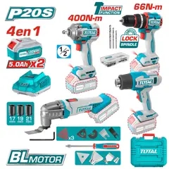 TOTAL - Combo 4 en 1 Taladro Percutor + Llave de Impacto + Multiherramienta + Pistola de Calor TOSLI240969