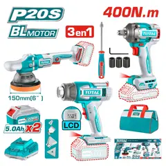 TOTAL - Combo 3 en 1 20V TOSLI240863 Llave de Impacto 400Nm + Pulidora 4500rpm + Pistola de Calor