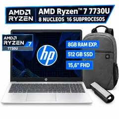 HP - AMD Ryzen 7, 8 GB RAM, 512 GB SSD, 15.6" FHD, Windows 11 Home + MOCHILA + USB 32GB