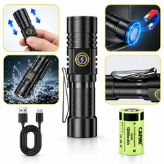 CAFINI - Mini Linterna Táctica Recargable 2000LM 30W Largo Alcance 3000m con Base Magnética