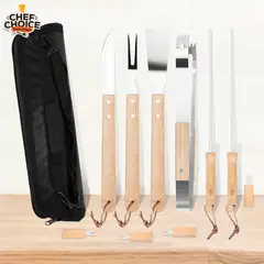 KOBA - Kit de Parrillero Completo Chef Choice 11 Piezas Acero Inoxidable con Mangos de Madera