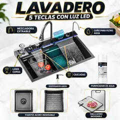 GENERICO - LAVADERO MULTIFUNCIONAL DE COCINA 7 EN 1 CON LUCES, 5 TECLAS + MEZCLADORA CON TABLA DE ACERO