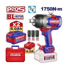EMTOP - LLAVE IMPACTO 3/4" 20V 1750NM BRUSHLESS + 2 BAT LI-ION 8.0AH + CARG + ACC ECIWL20175 -
