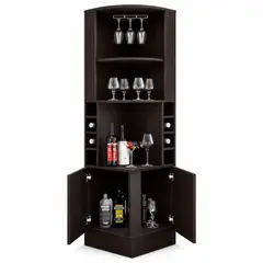 MINARI - Bar Esquinero Organizador Porta Botellas y Copas de Melamina Mueble Armado Chocolate N548
