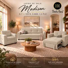BARAKA HOME - Sala Madison 3 + 1 + Sofá Cama 1.5 PLZ
