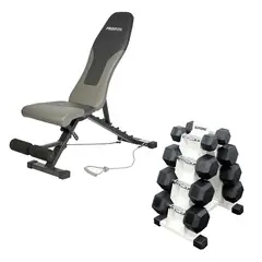 PROIRON - Banca PRO-I + Set de Mancuernas Hexagonales de Caucho de 70Kg + Rack