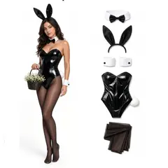 GENIEKA - DISFRAZ CONEJITA CORSET NEGRO ACCESORIOS MUJER CONEJO BODY LENCERIA NAVIDAD HALLOWEEN