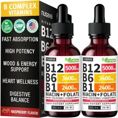 NUSAVA - Vitamina B12 Paquete de 2 gotas líquidas de vitamina B12 y B6 Vitamina B 12 de 5000 mcg