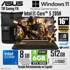ASUS - Laptop TUF Gaming F16 Intel Core 205H 8GB RAM 512GB SSD RTX 3050-6GB 16" WUXGA + Mochila