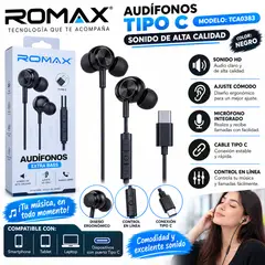 GENERICO - AUDÍFONOS TIPO C MODELO TCA0383 ROMAX EXTRA BASS CON MICRÓFONO Y CONTROL DE VOLUMEN NEGRO