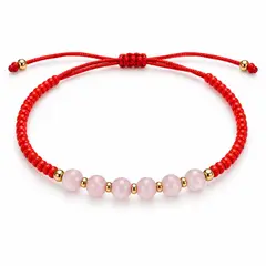 SM - Pulsera de Cuarzo Rosa Natural con Cordón Rojo y Mostacillas Doradas – Diseño Ajustable