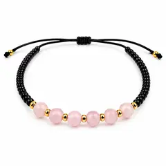SM - Pulsera de Cuarzo Rosa Natural con Mostacillas Negras y Separadores Dorados – Diseño Ajustable