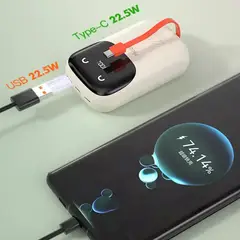 GENERICO - MICCELL POWER BANK VQ-P16 de 20000 mAh/ CABLE INTEGRADO + CARGA RÁPIDA PD PORTÁTIL/ WHITE