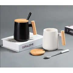 GENERICO - Duo de Tazas de Ceramica Blanca y Negra con Asa y Tapa de Bambu