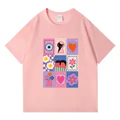 PEACE AND LOVE - Polo Rosado Manga Corta Unisex Gatos Flores Corazon Mujer Unisex