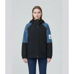 PEACE AND LOVE - Casaca Cortavientos Negro Con Jean Importado Modelo Coreano Mujer Oversize