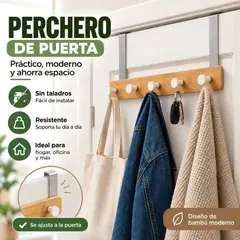 GENERICO - Perchero Organizador De Puerta Con 5 Ganchos y Acabado Bambú