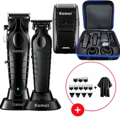 KEMEI - Kit Profesional Para Barbería Con 3 Máquinas Cortapelo Trimmer Afeitadora Capa Y Estuche