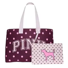 PINK - CARTERA TOTE COLOR VINO CON PUNTOS ROSADOS