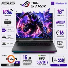 ASUS - Laptop Gamer ROG Strix G16 16", Ryzen 9 8940HX, 16GB RAM, 1TB SSD, RTX 5070 Ti 12GB, Windows 11