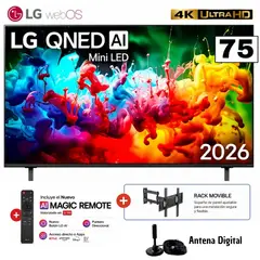 LG - Televisor 75" QNED MiniLED 4K UHD 75QNED65BSA + Antena + Rack Movible