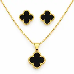 GENERICO - Set Collar y Aretes Trébol Negro Mujer Acero Inoxidable Dorado