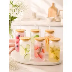 GENERICO - SET X 6 VASOS VIDRIO BOROSILICATO CON TAPA BAMBÚ Y SORBETE 550 ML PARA SUBLIMAR