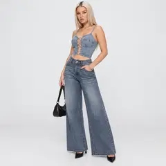 BENCUS JEANS - Jean Palazzo Mujer Tiro Alto Pierna Ancha Azul