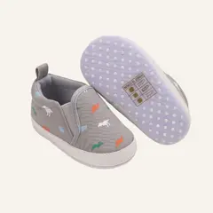 GENERICO - Zapatos Bebé Primeros Pasos Suela Blanda Slip-On Dinosaurios Gris