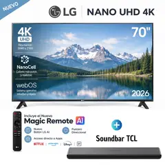 LG - Televisor LED 70" Pulg UHD 4K ThinQ AI 70NU850BPSD + Soundbar TCL