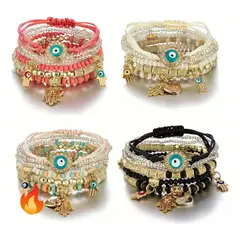 GIOIO - 4 Set Pulseras Amistad Cuentas Boho Multicapa Evil Eye Hamsa