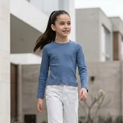 GENERICO - Polo Niña Rib Azul Algodón Manga Larga Angela Kids