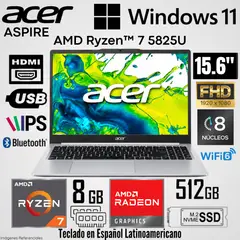 ACER - Laptop Aspire AL15-48P-R6GN AMD Ryzen 7 5825U 8GB RAM 512GB SSD 15.6" FHD IPS