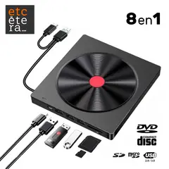 GENERICO - Lector grabador DVD CD externo ultraslim 8 en 1 con hub de 4 USB y lector SD/TF USB 3.0/C