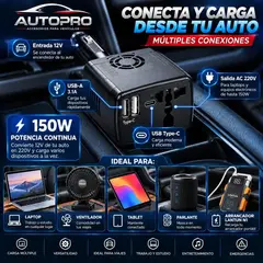 OEM - Inversor de Corriente para Auto 150W de 12 V a 220 V + USB y Tipo-C de Carga Rápida