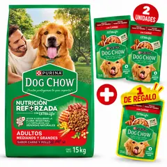 DOG CHOW - Alimento para Perros Adultos Tamaño Mediano 15kg + 2 alimentos humedos 100gr + 1 de regalo