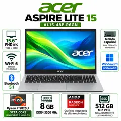 ACER - Laptop Aspire Lite 15 AL15-48P-R6GN Ryzen 7 5825U 8GB 512GB SSD 15.6" FHD
