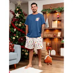 SOÑALIERE - Pijama Navidad Hombre Manga Corta con Short Estampado Acero Algodon Pima