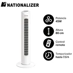 NATIONALIZER - Ventilador Torre TF80AR con Control Remoto 80Cm Alto 45 Watts Blanco