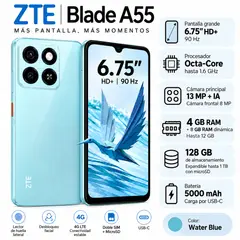 ZTE - Celular A55 4GB RAM 128GB - Color Azul (sin registro en lista blanca)