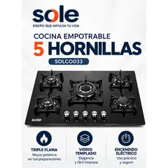 Sole - Encimera a Gas SOLCO033 86 cm 5 Hornillas con Triple Flama y Vidrio Templado