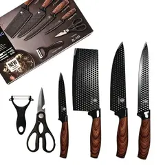 LINLONG - Set de 6 Cuchillos de Cocina Acero Inoxidable Negro Mango Simil Madera con Tijera y Pelapapas