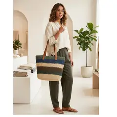 ITELSISTEM - Cartera Playera Tote Tejida de Paja Bicolor Grande Verano bolso Asas tipo cueroPU