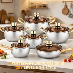 LINLONG - Juego de 12 Ollas Acero Inoxidable 201 Mango Dorado Tapa Vidrio Ahumado