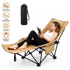 KELLER - Silla de Camping Reclinable Plegable 2 en 1 con Reposapiés y Funda Transportadora Beige SP8