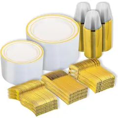GENERICO - Set Vajilla Plastica N9R 600 Piezas Dorado BPA Free 100 Personas