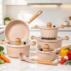 LINLONG - Batería Cocina 12 Piezas Aluminio Fundido Antiadherente, Mango Simil Madera Color Crema