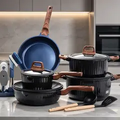 LINLONG - Batería Cocina 20 Piezas Aluminio Fundido Antiadherente, Mango Efecto Madera Color Negro